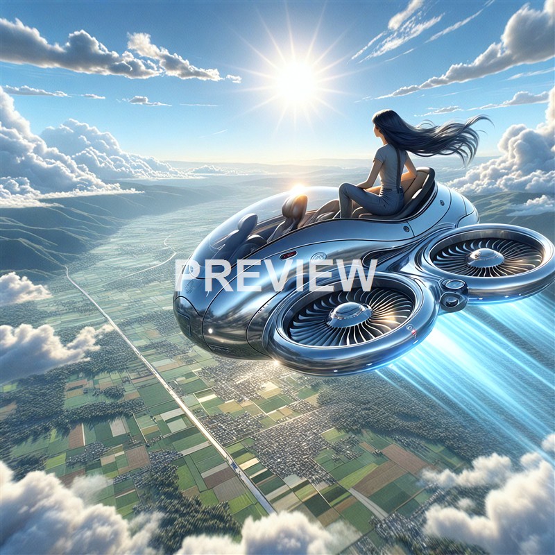 A woman with long hair sits in a futuristic, flying car that has jet engines, soaring high above a landscape of fields and clouds under a bright sun.